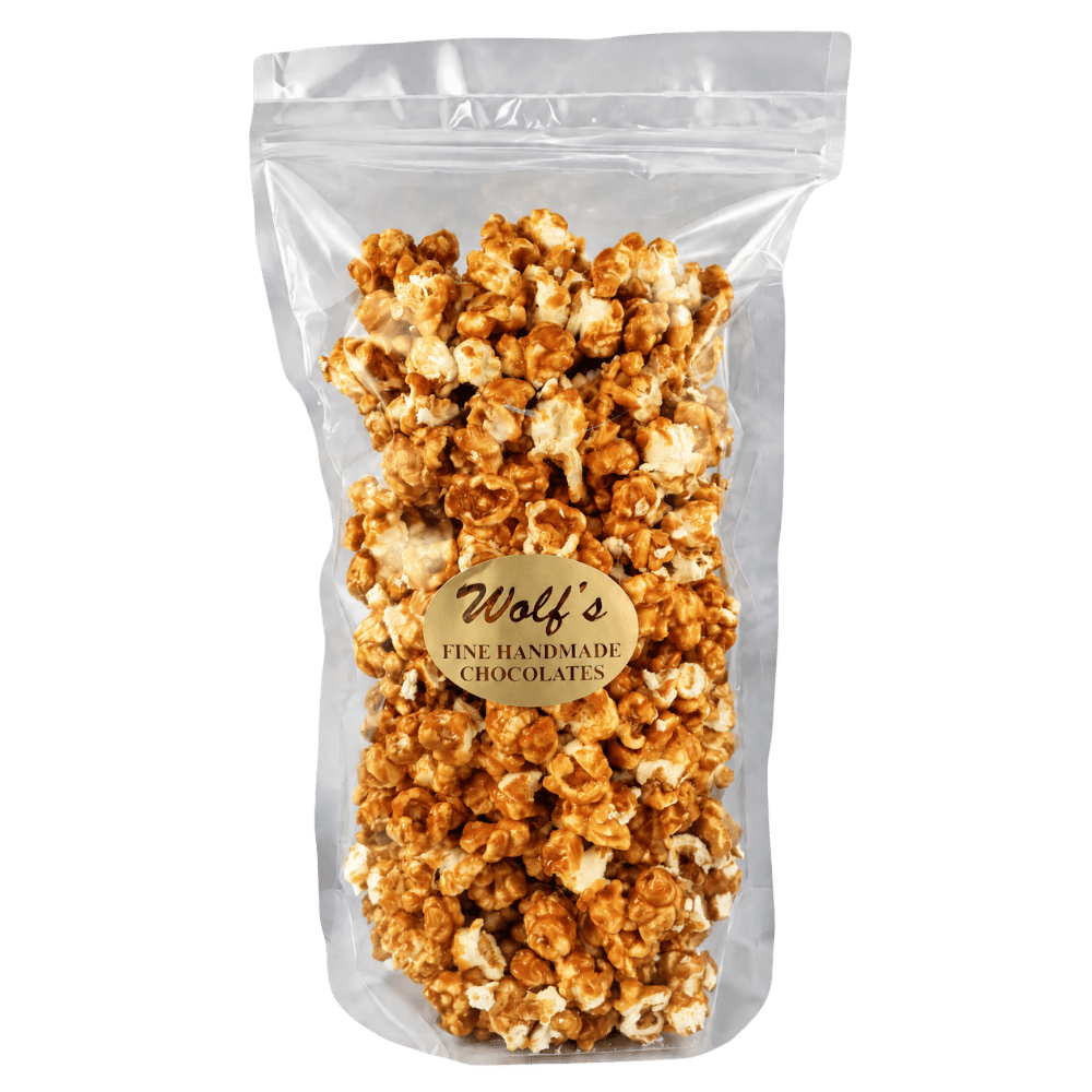 Bag of Wolf's caramel corn made with Indiana-grown corn.